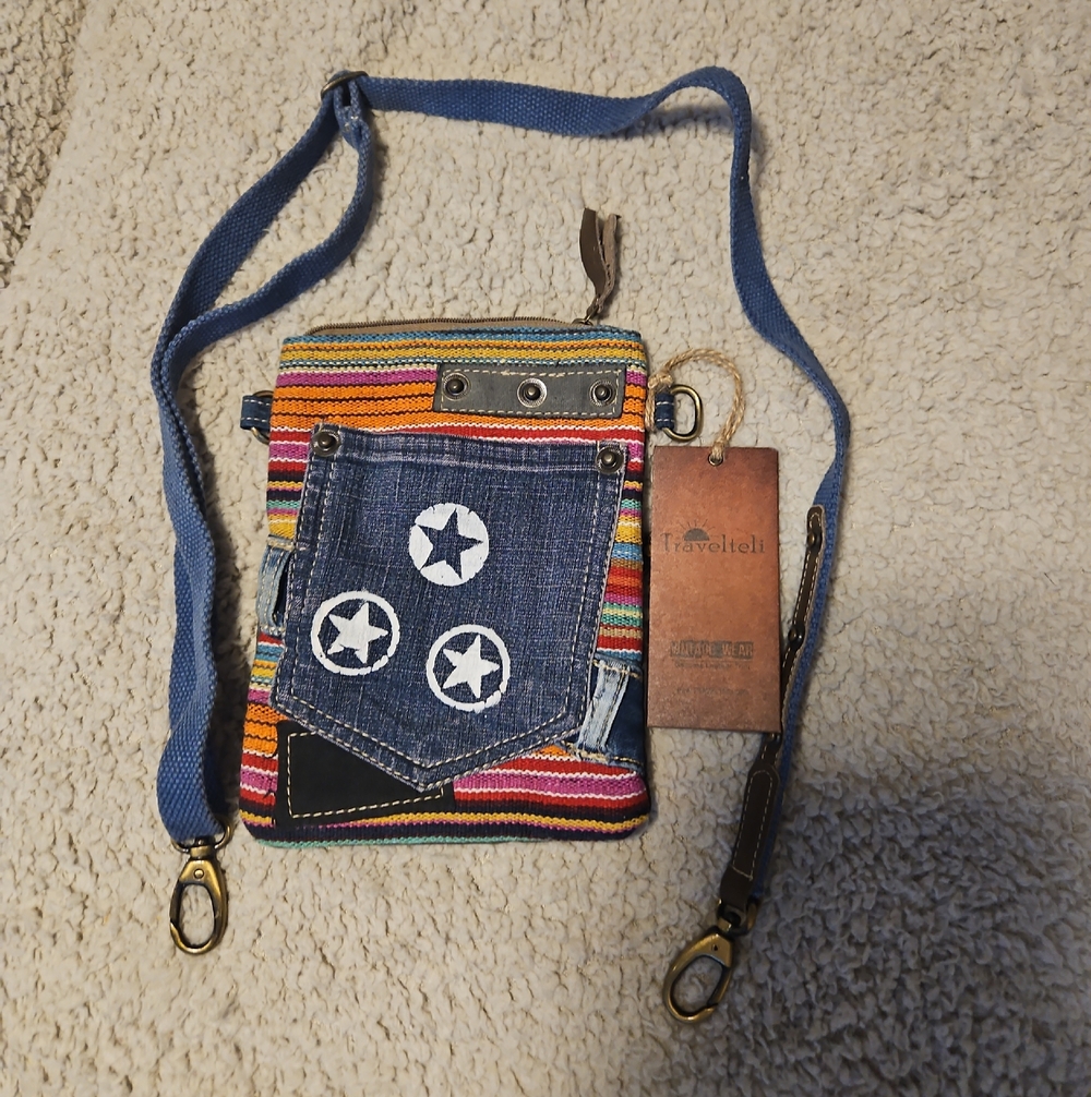 Multicolor Stripe Denim Crossbody Bag with Star Patch